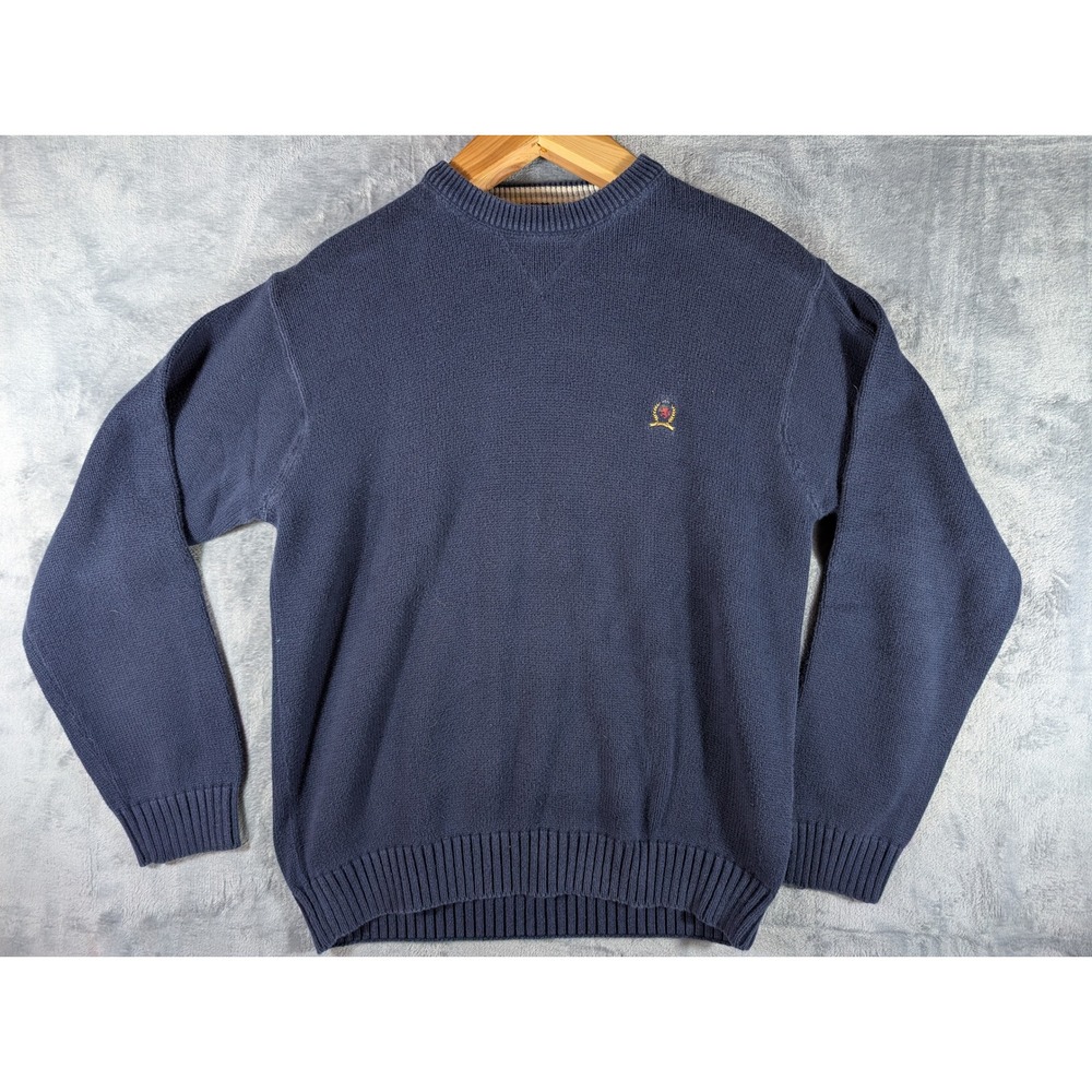Tommy Hilfiger Men's Large Navy Blue Cotton Knit Crest Crewneck Sweater vtg